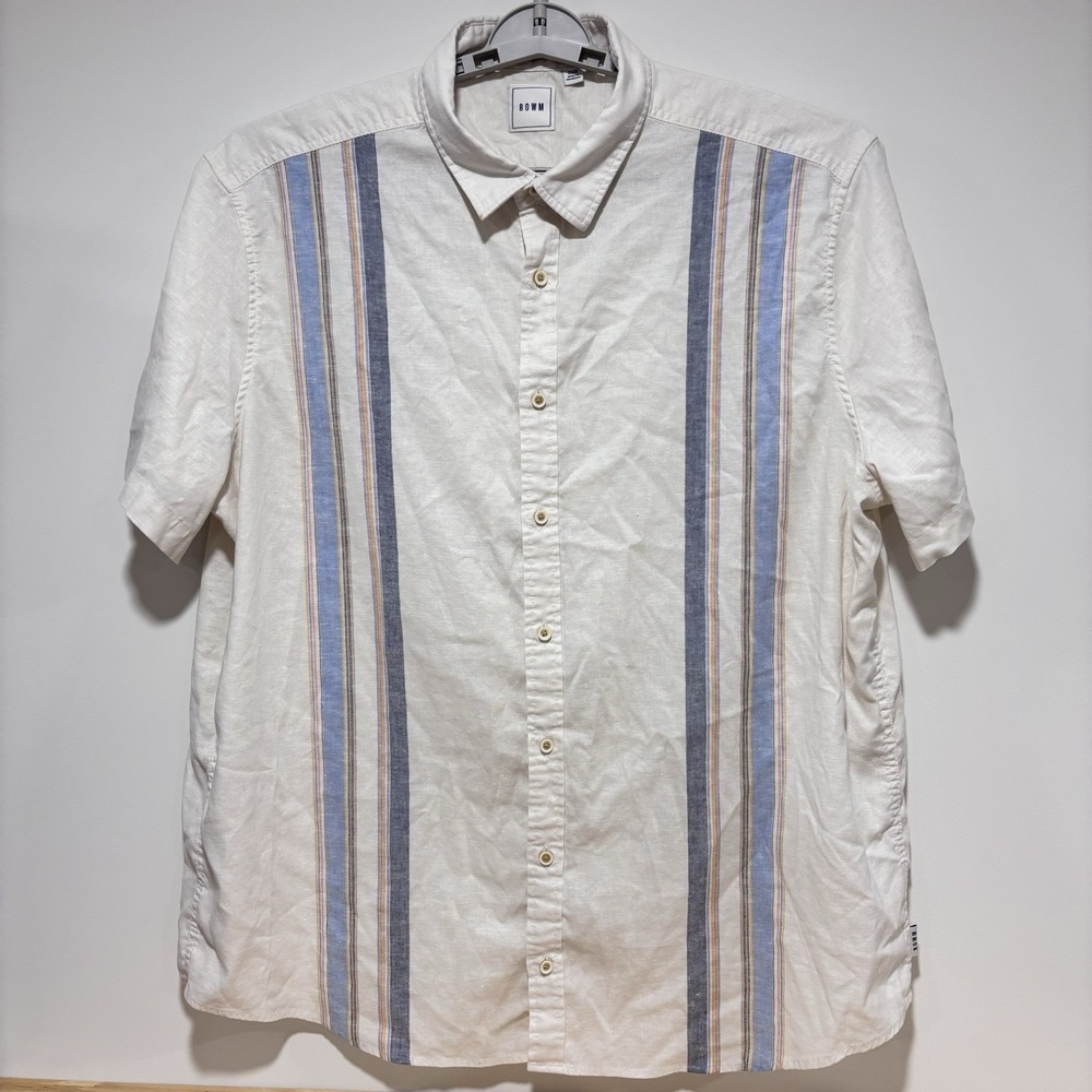 ROWM Button Down White Blue Big & Tall Short Sleeve Striped Hemp Outsider‎ 2XB